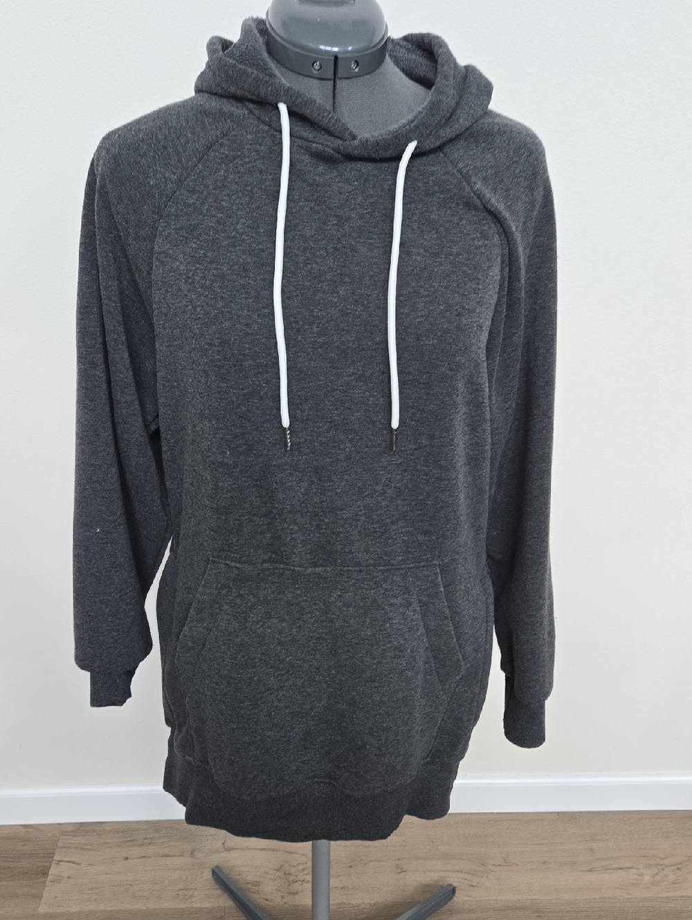 Charcoal Gray Hoodie Sweatshirt with White Drawstrings